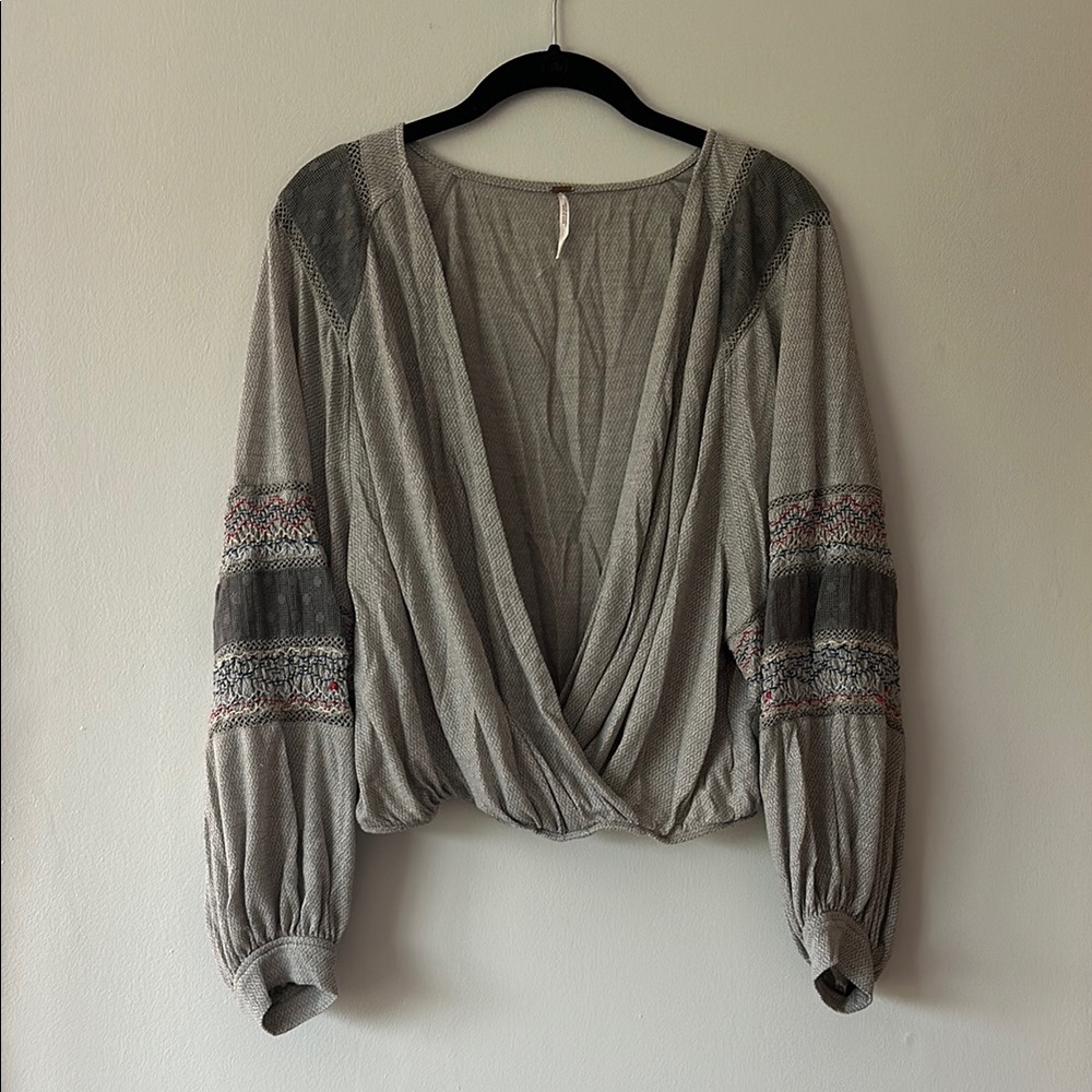 Free People Gray Drape Blouse with Embroidered Sleeves